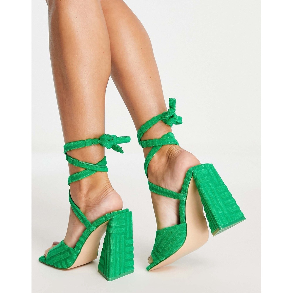 Public Desire ASOS Green Mojito Towelling Wrap Block Heel Strap Sandals US 6 NEW - Picture 13 of 16